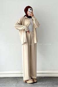 Cream Neckband Long Arm Cotton Lycra Regular Trousers Comfortable Suit