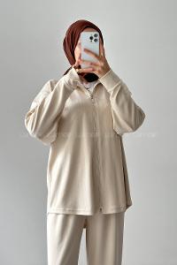 Cream Neckband Long Arm Cotton Lycra Regular Trousers Comfortable Suit