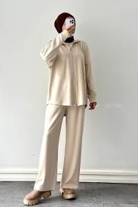 Cream Neckband Long Arm Cotton Lycra Regular Trousers Comfortable Suit