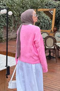 Pink V Neck Long Arm Acrylic Polyester Cardigan