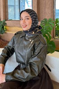 Lamelif G Desen Rayon Eşarp Siyah Camel