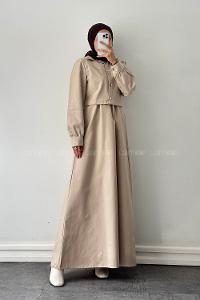 Beige Crew Neck Shirt Collar Long Arm Gabardin Suit