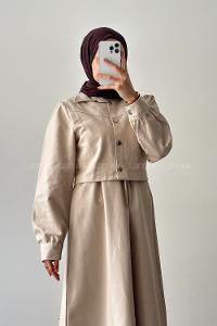 Beige Crew Neck Shirt Collar Long Arm Gabardin Suit