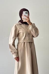 Beige Crew Neck Shirt Collar Long Arm Gabardin Suit