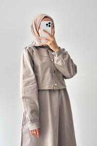 Sand Beige Crew Neck Shirt Collar Long Arm Gabardin Suit