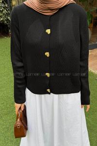 Lamelif Kalp Düğmeli Hırka Siyah