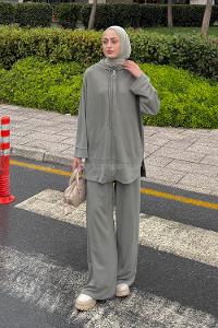 Lamelif Kapüşonlu Kanguru Cep İkili Takım Haki