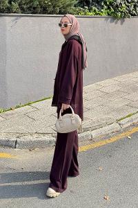 Lamelif Kapüşonlu Kanguru Cep İkili Takım Mürdüm