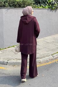 Lamelif Kapüşonlu Kanguru Cep İkili Takım Mürdüm