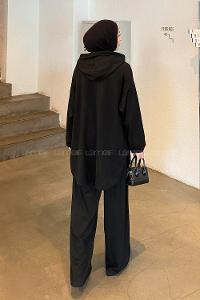 Lamelif Kapüşonlu Kanguru Cep İkili Takım Siyah