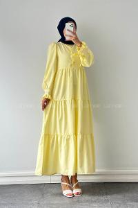 Lamelif Kol Bağlama Detaylı Tesettür Elbise Sarı