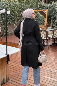 Lamelif Omuz Apoletli Süet Trençkot Siyah