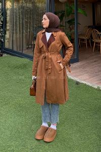 Lamelif Omuz Apoletli Süet Trençkot Taba