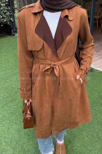 Lamelif Omuz Apoletli Süet Trençkot Taba