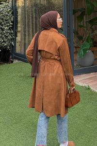 Lamelif Omuz Apoletli Süet Trençkot Taba