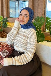 Navy Blue Cotton Fabric Striped Scarf