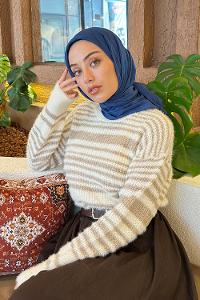 Navy Blue Cotton Fabric Striped Scarf