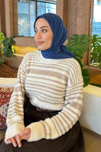 Navy Blue Cotton Fabric Striped Scarf