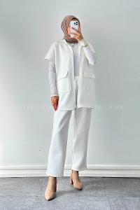 Lamelif Scuba Yelekli Tesettür Takım Beyaz