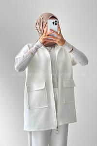 Lamelif Scuba Yelekli Tesettür Takım Beyaz