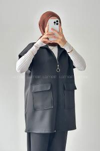 Lamelif Scuba Yelekli Tesettür Takım Siyah