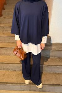 Navy Blue Crew Neck Long Arm Cotton Regular Trousers Comfortable Suit