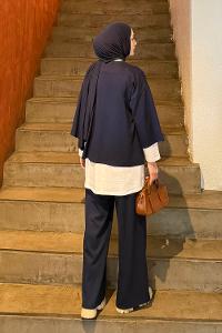 Navy Blue Crew Neck Long Arm Cotton Regular Trousers Comfortable Suit