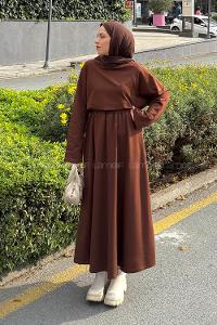 Lamelif Yarasa Kol Etekli Tesettür Takım Kahverengi