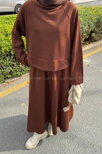 Lamelif Yarasa Kol Etekli Tesettür Takım Kahverengi