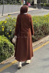 Lamelif Yarasa Kol Etekli Tesettür Takım Kahverengi