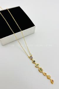 Lamelif Gold Çokrenkli Minimalist Kristal Taşlı Y Kolye