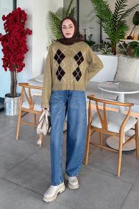 Khaki Crew Neck Long Arm Acrylic Cotton Cardigan