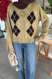 Khaki Crew Neck Long Arm Acrylic Cotton Cardigan