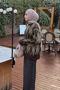 Lamelif Baklava Desen Şardonlu Kazak Kahverengi