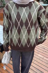 Lamelif Baklava Desen Şardonlu Kazak Kahverengi