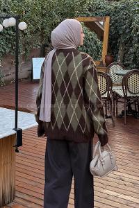 Lamelif Baklava Desen Şardonlu Kazak Kahverengi