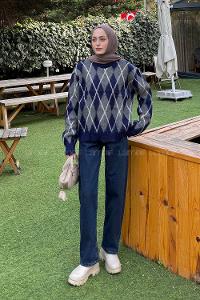 Lamelif Baklava Desen Şardonlu Kazak Lacivert