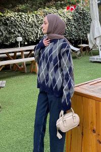 Lamelif Baklava Desen Şardonlu Kazak Lacivert