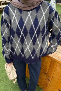 Lamelif Baklava Desen Şardonlu Kazak Lacivert