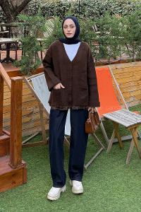 Bitter Brown V Neck Long Arm Acrylic Cotton Knitwear Cardigan