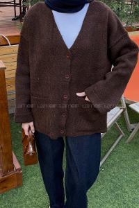Bitter Brown V Neck Long Arm Acrylic Cotton Knitwear Cardigan