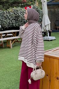 Lamelif Çizgili Oversize Sweatshirt Bordo