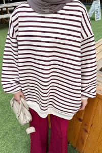 Lamelif Çizgili Oversize Sweatshirt Bordo