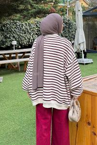Lamelif Çizgili Oversize Sweatshirt Bordo