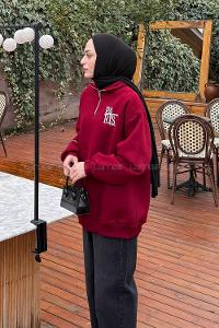 Lamelif Fermuar Yakalı Paris Nakışlı Sweatshirt Bordo