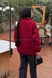 Lamelif Fermuar Yakalı Paris Nakışlı Sweatshirt Bordo