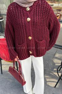 Lamelif Gold Düğme Detaylı Cepli Hırka Bordo