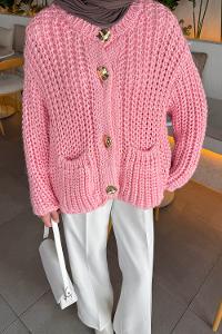 Lamelif Gold Düğme Detaylı Cepli Hırka Şeker Pembe