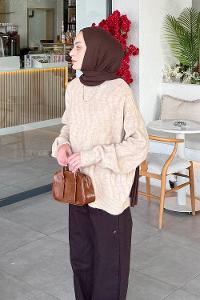 Lamelif Kendinden Desenli Triko Kazak Bej