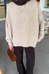 Lamelif Kendinden Desenli Triko Kazak Bej